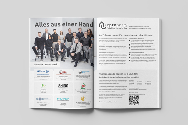Magazindoppelseite von tproperty mit Informationen zum Partnernetzwerk und Immobilienverkaufsberatung.
