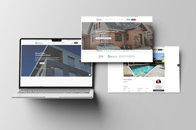 Mockup der tproperty-Website mit mehreren Ansichten auf einem Laptop und als schwebendes Fenster vor grauem Hintergrund.