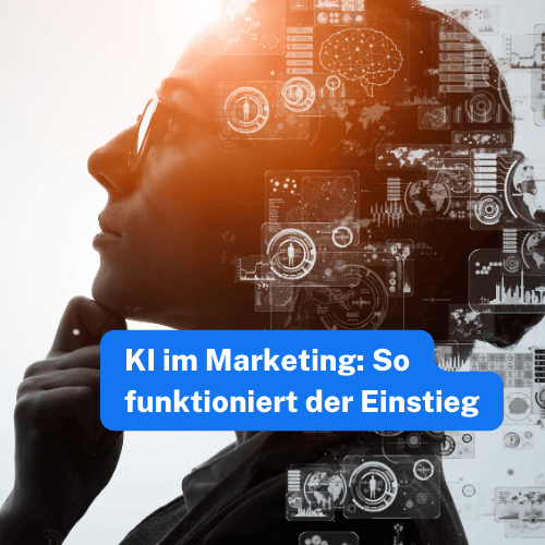 Eine nachdenkliche Frau mit digitalen KI-Elementen, die symbolisieren, wie Künstliche Intelligenz das Marketing beeinflusst.
