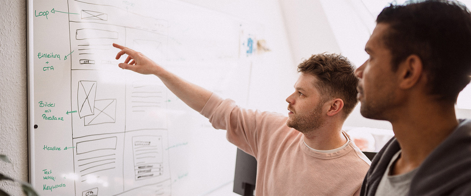 YTPI Mitarbeiter zeigt auf ein Whiteboard mit einer Website Seitenstruktur während er diese bespricht