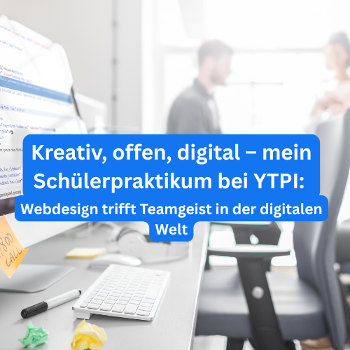 Junge Person im Praktikum bei einer Internetagentur, moderner Arbeitsplatz mit Code auf dem Bildschirm und Team im Hintergrund