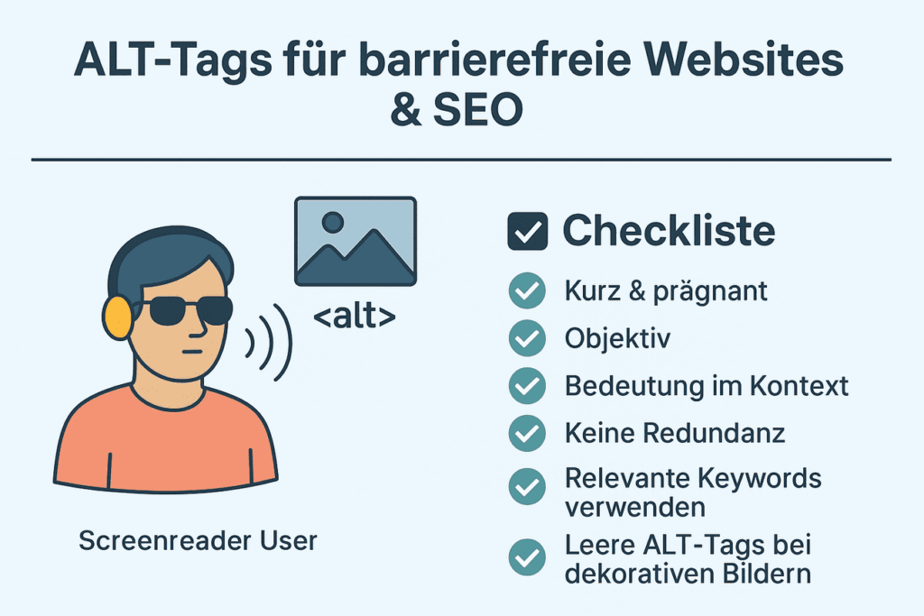 Checkliste zur Erstellung barrierefreier Alt-Tags auf hellblauem Hintergrund mit Illustration eines Mannes am Computer.
