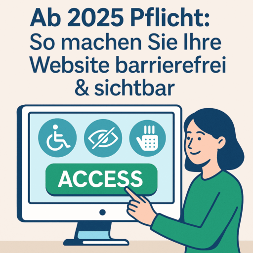 Frau zeigt auf einen Bildschirm mit Symbolen für digitale Barrierefreiheit. Oben die Überschrift "Ab 2025 Pflicht: So machen Sie Ihre Website barrierefrei und sichtbar"