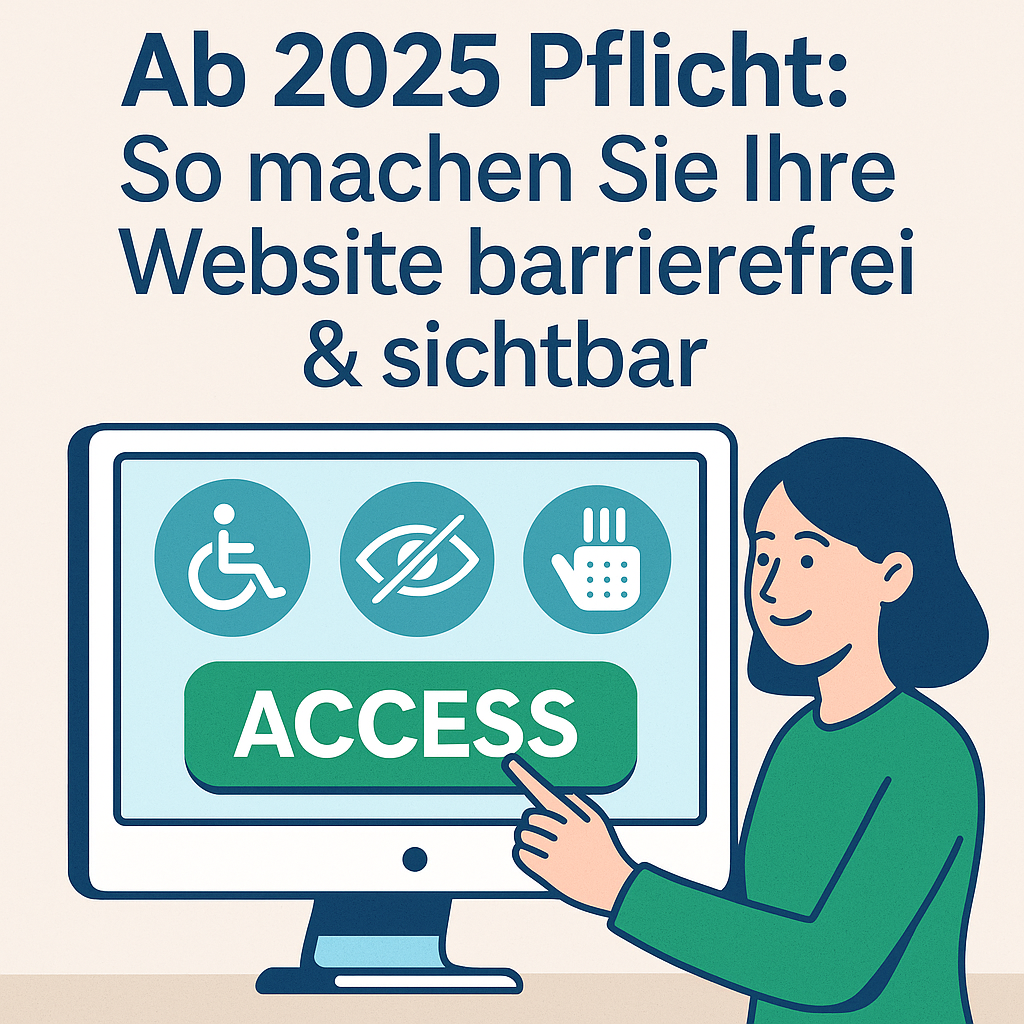 Frau zeigt auf einen Bildschirm mit Symbolen für digitale Barrierefreiheit. Oben die Überschrift "Ab 2025 Pflicht: So machen Sie Ihre Website barrierefrei und sichtbar"