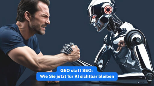 KI-generiertes Symbolbild für GEO statt SEO: Mann ringt im Armdrücken mit humanoidem Roboter – sinnbildlich für den Wettkampf um Sichtbarkeit in KI-generierten Antworten.