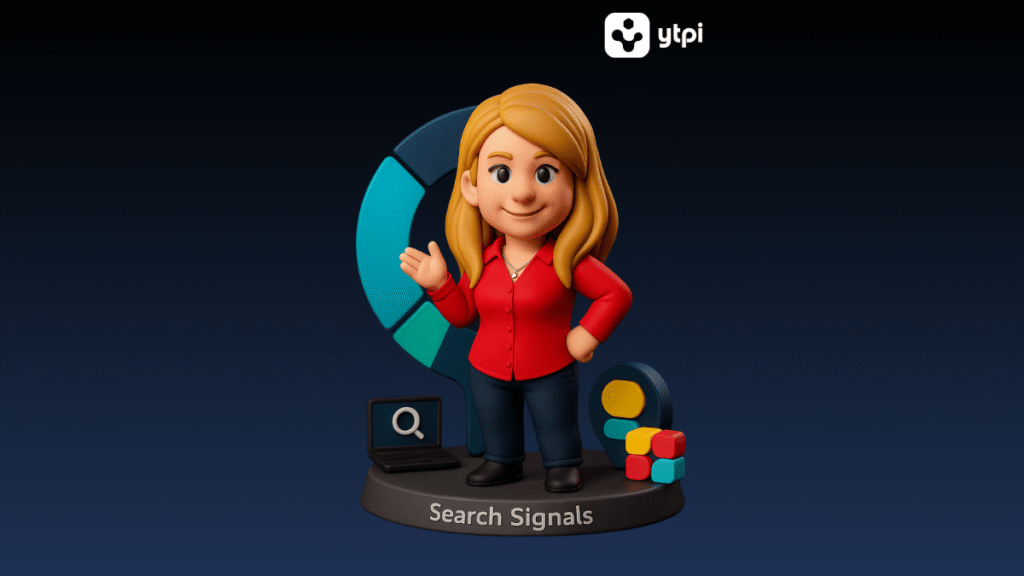 3D-Illustration einer stilisierten Actionfigur von Jana vor dunklem Hintergrund, umgeben von leuchtenden Symbolen für digitale Sichtbarkeit – visualisiert das Konzept von Search Signals für bessere Online-Auffindbarkeit.