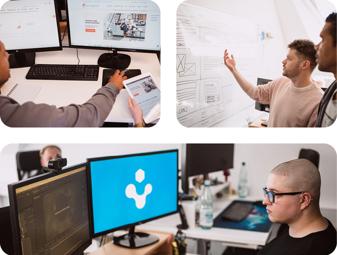 Grafiker und Webdesigner in verschiedenen Projektphasen – von der Wireframe-Skizze bis zum Layoutentwurf und finalen Webdesign am Bildschirm