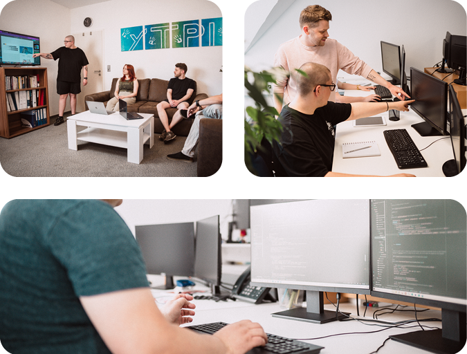 ebentwickler in verschiedenen Projektphasen – Teammeeting, Code-Review und Programmierung moderner Webanwendungen