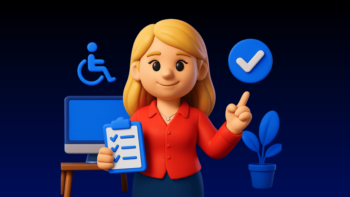 3D-Actionfigur in dunkler Studioumgebung mit markentypischen Farben, stellvertretend für eine Agenturmitarbeiterin. Der Charakter präsentiert das Thema „Barrierefreiheit wird Pflicht – So machen Sie Ihre Website fit für 2025“ und symbolisiert professionelle Unterstützung bei der Umsetzung digitaler Barrierefreiheit.