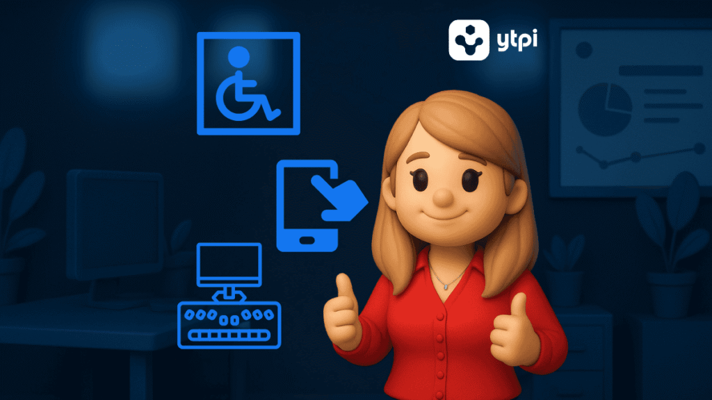 Illustration mit weiblicher Figur Jana vor Schreibtisch – Hinweis auf praxisnahe Barrierefreiheit im Webdesign