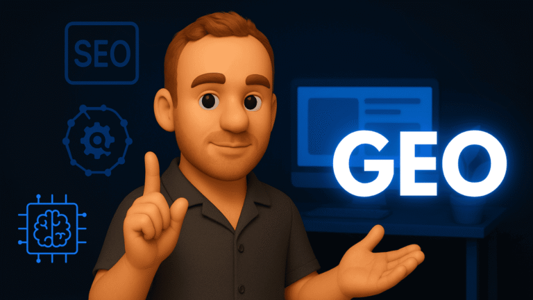 Stilisiertes 3D-Illustrationsbild eines Experten in dunklem Polohemd in einem digitalen Büro mit dunklem Hintergrund und blauen Akzenten. Der Mann gestikuliert ruhig und erklärend. Im Hintergrund sind leuchtende Symbole zu SEO und Künstlicher Intelligenz sowie ein Arbeitsplatz mit Bildschirm und Pflanze zu sehen.