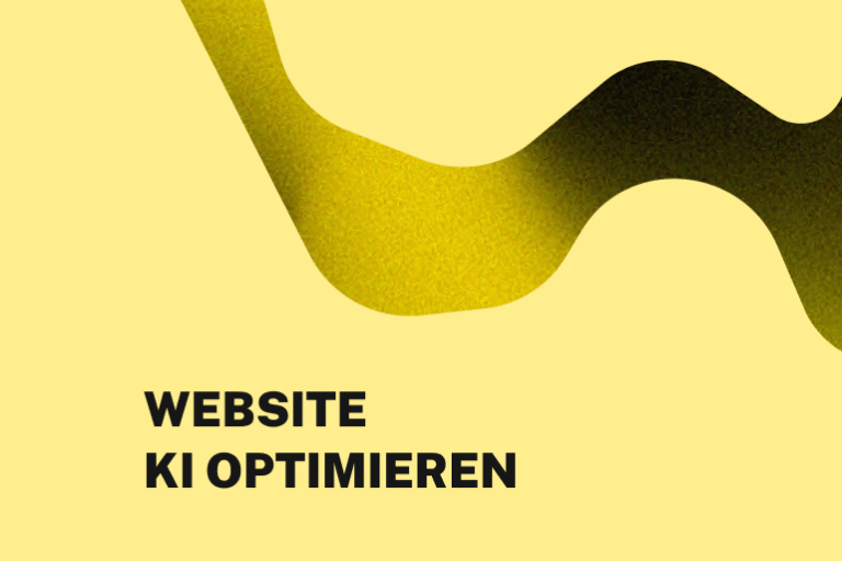 Abstrakte gelbe Grafik mit geschwungener Linie auf vollflächigem Hintergrund. Darauf steht: Website KI optimieren.