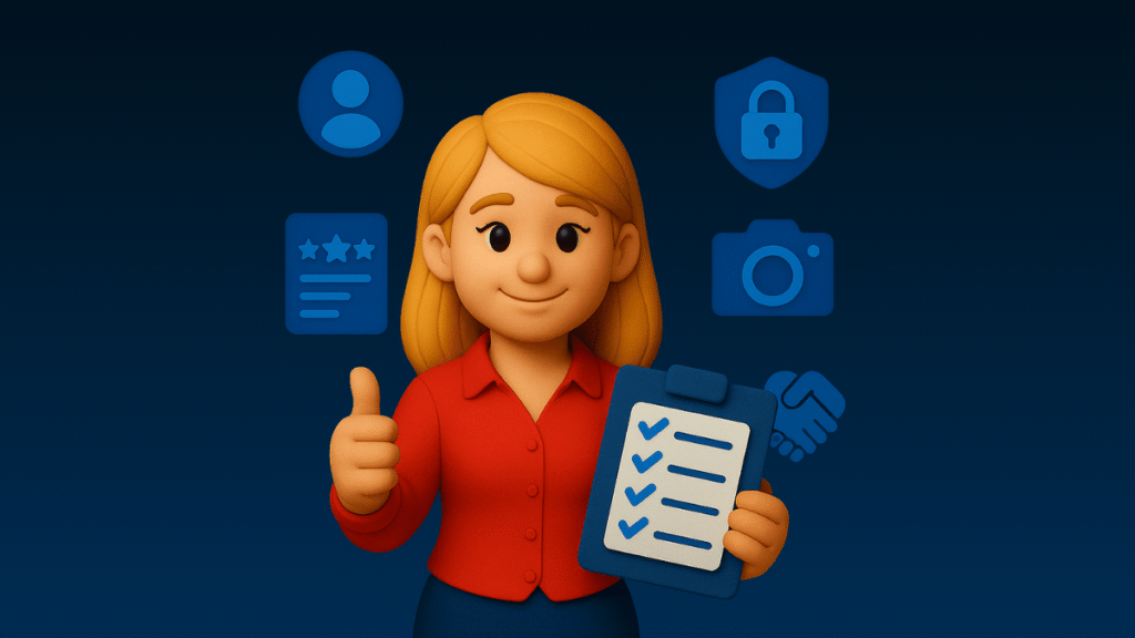 Illustration einer lächelnden Frau mit Checkliste in der Hand, umgeben von Symbolen für Datenschutz, Bewertungen, Nutzerprofil, Kamera und Handschlag – Darstellung der 10 wichtigsten Trust-Signale für eine Website, die für KI optimiert wird.