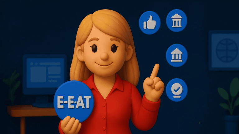 Alt-Text: „3D-Illustration einer sympathischen Frau mit blonden Haaren und roter Bluse im Clay-Stil, die auf ein rundes Symbol mit der Aufschrift ‚EEAT‘ zeigt; daneben ein Icon mit einem Profilbild – symbolisiert Expertise, Autorität und Vertrauen für Website-Content.“