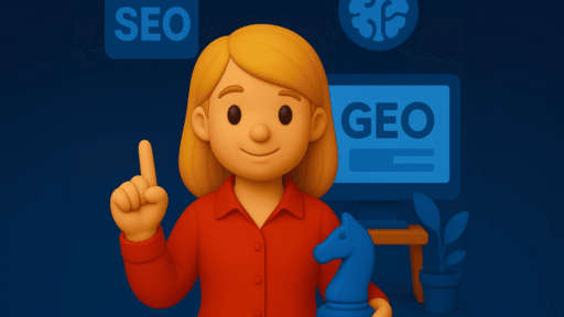 3D-Illustration einer Frau mit blonden Haaren und rotem Hemd in einem stilisierten digitalen Agentur-Büro. Sie hält eine blaue Schachfigur (Springer) in der einen Hand und zeigt mit der anderen nach oben. Im Hintergrund befinden sich Symbole für SEO, GEO und künstliche Intelligenz sowie ein Monitor, Pflanze und Schreibtisch. Die Farbgestaltung ist in Blau- und Rottönen mit sanftem Farbverlauf im Hintergrund gehalten.