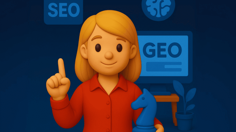 3D-Illustration einer Frau mit blonden Haaren und rotem Hemd in einem stilisierten digitalen Agentur-Büro. Sie hält eine blaue Schachfigur (Springer) in der einen Hand und zeigt mit der anderen nach oben. Im Hintergrund befinden sich Symbole für SEO, GEO und künstliche Intelligenz sowie ein Monitor, Pflanze und Schreibtisch. Die Farbgestaltung ist in Blau- und Rottönen mit sanftem Farbverlauf im Hintergrund gehalten.