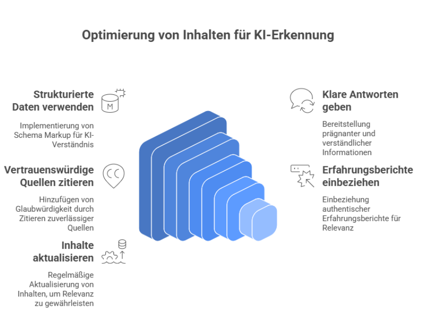 Grafik zur Optimierung von Inhalten für KI-Erkennung: Empfohlene Maßnahmen wie strukturierte Daten, vertrauenswürdige Quellen, klare Antworten, Erfahrungsberichte und regelmäßige Aktualisierung werden visualisiert.