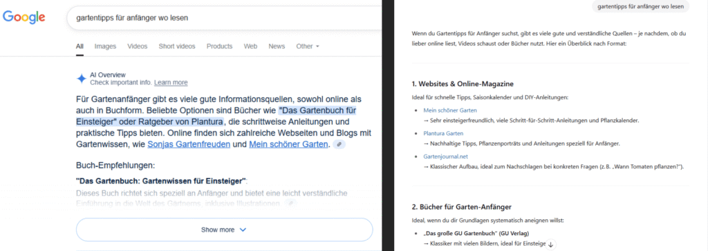 Vergleich klassische Google-Suche vs KI-generierte Antworten zeigt Wandel im Suchverhalten
