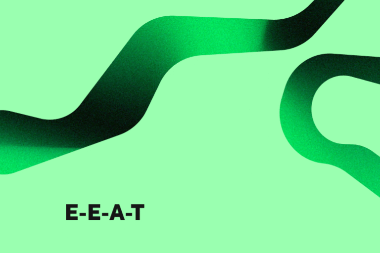 Abstrakte grüne Grafik mit geschwungener Linie auf vollflächigem Hintergrund. Darauf steht: E-E-A-T