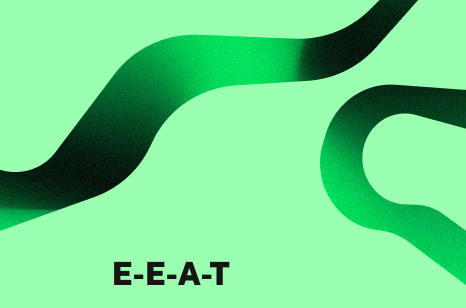 Abstrakte grüne Grafik mit geschwungener Linie auf vollflächigem Hintergrund. Darauf steht: E-E-A-T