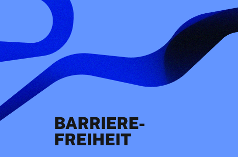 Abstrakte blaue Grafik mit geschwungener Linie auf vollflächigem Hintergrund. Darauf steht: von Barrieren zu Chancen.