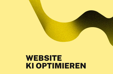 Abstrakte gelbe Grafik mit geschwungener Linie auf vollflächigem Hintergrund. Darauf steht: Website KI optimieren.
