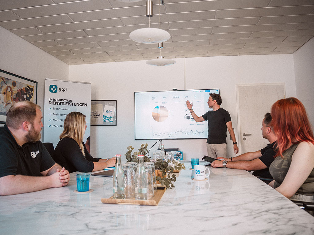 Meeting im Konferenzraum: Präsentation von KPI-Dashboard auf Screen, Team verfolgt Analyse und Strategie.