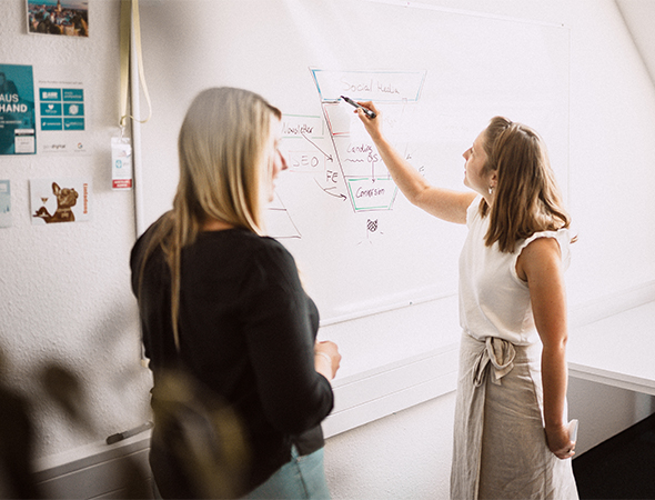 Eine Frau schreibt auf einem Whiteboard etwas zu Marketingstrategien, eine Kollegin links daneben erklärt die Ideen.