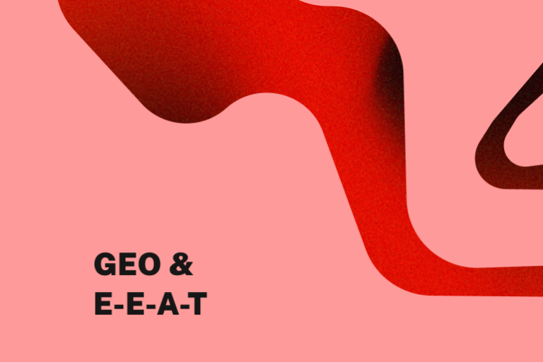 Abstrakte rote Grafik mit geschwungener Linie auf vollflächigem Hintergrund. Darauf steht: GEO & E-E-A-T