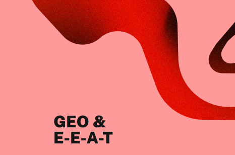 Abstrakte rote Grafik mit geschwungener Linie auf vollflächigem Hintergrund. Darauf steht: GEO & E-E-A-T
