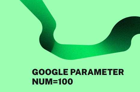 Abstrakte grüne Grafik mit geschwungener Linie auf vollflächigem Hintergrund. Darauf steht: Google Parameter NUM=100