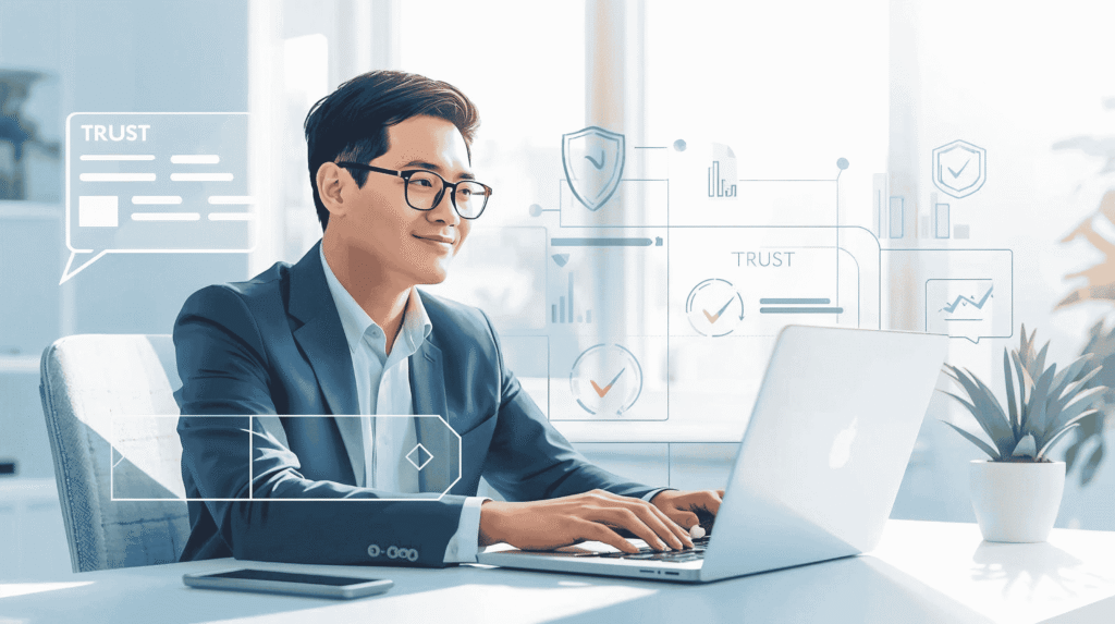 Geschäftsperson arbeitet am Laptop mit digitalen Vertrauens- und Sicherheitsindikatoren im modernen Büro