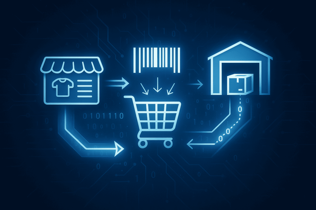 Automatisierte Warenströme zwischen Online-Shop, Warenkorb und Lager als digitale Illustration in Blau.