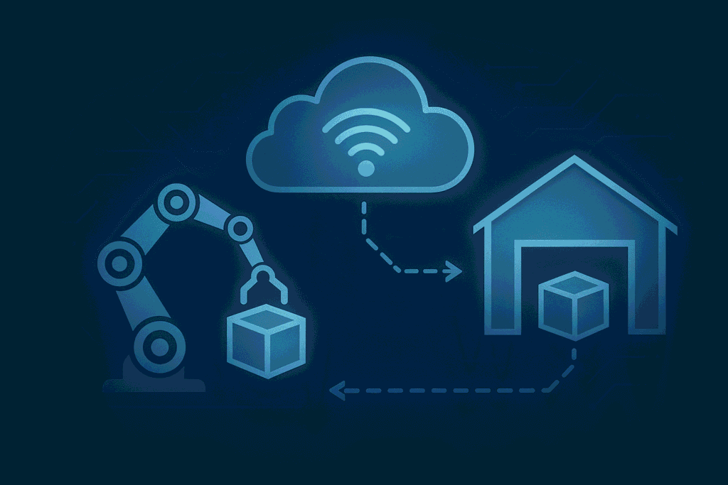 Digitale Darstellung einer API-Anbindung zwischen Cloud, Roboterarm und Lager zur Automatisierung von Produkt- und Bestellprozessen.