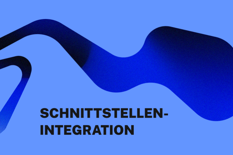 Abstrakte blaue Grafik mit geschwungener Form und dem Schriftzug Schnittstellenintegration