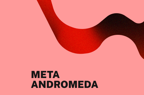 Abstrakte rote Grafik mit geschwungener Linie auf vollflächigem Hintergrund. Darauf steht: META ANDROMEDA