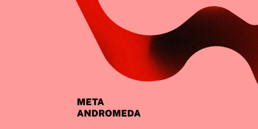 Abstrakte rote Grafik mit geschwungener Linie auf vollflächigem Hintergrund. Darauf steht: META ANDROMEDA