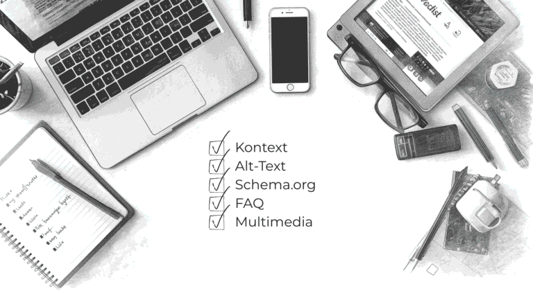 Infografik mit fünf Checklistenpunkten zur Website-Optimierung für KI-gesteuerte Suche, inklusive Icons für Szenarien, Bilder, strukturierte Daten, FAQ und Multimedia-Inhalte