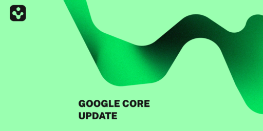 Abstrakte grüne Grafik mit geschwungener Form und dem Schriftzug Google Core Update.