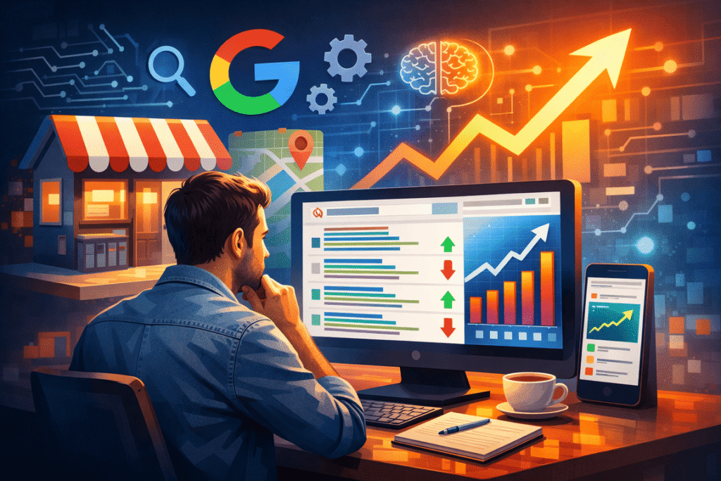 Symbolische, grasfische Darstellung eines Kleinunternehmers, der nach einem Google Update vor einem Bildschirm sitzend Ranking Änderungen analysiert.