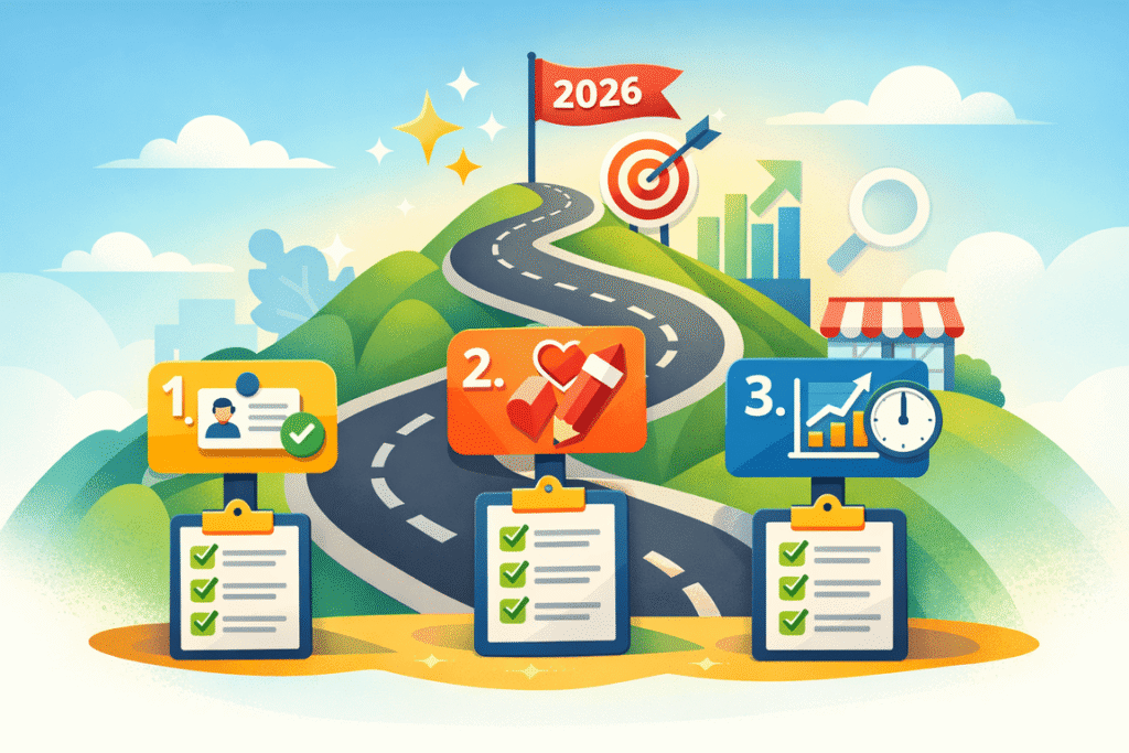 Straße als Roadmap zum 2026 Ziel mit drei Schildern und Checklisten; Symbole für Ausweis, Herz, Stift, Diagramm und Uhr.