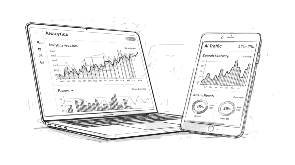 Skizzenhafte Darstellung eines Analyse-Dashboards mit Kennzahlen zu KI-Traffic, Suchsichtbarkeit und Speicherquote