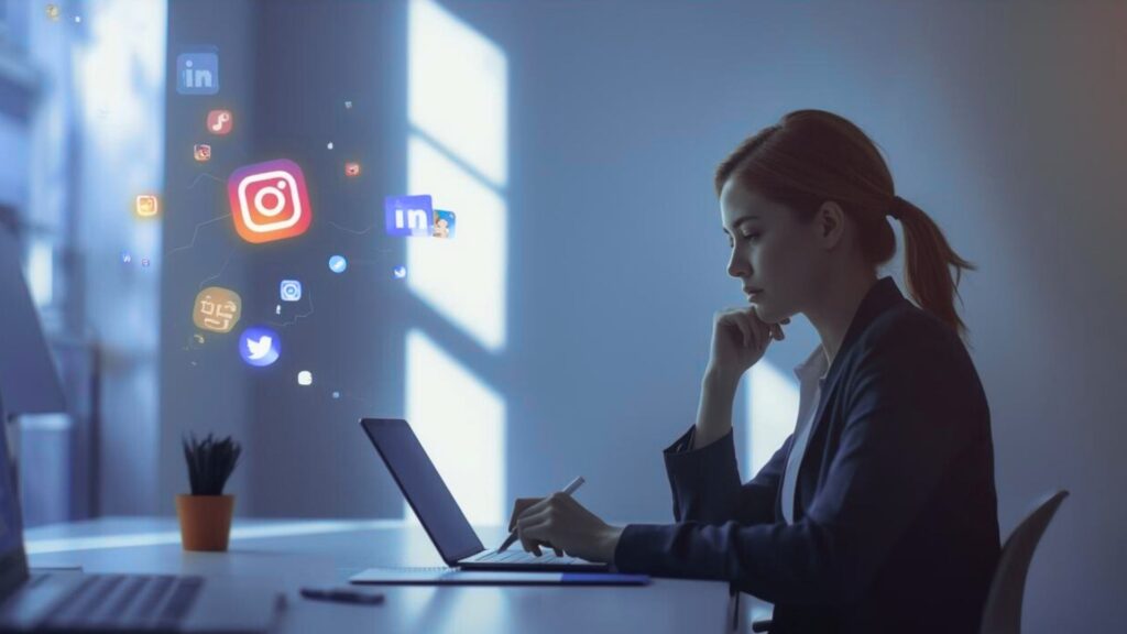 Person analysiert Social-Media-Plattformen zur strategischen Auswahl des passenden Kanals für die eigene Marke