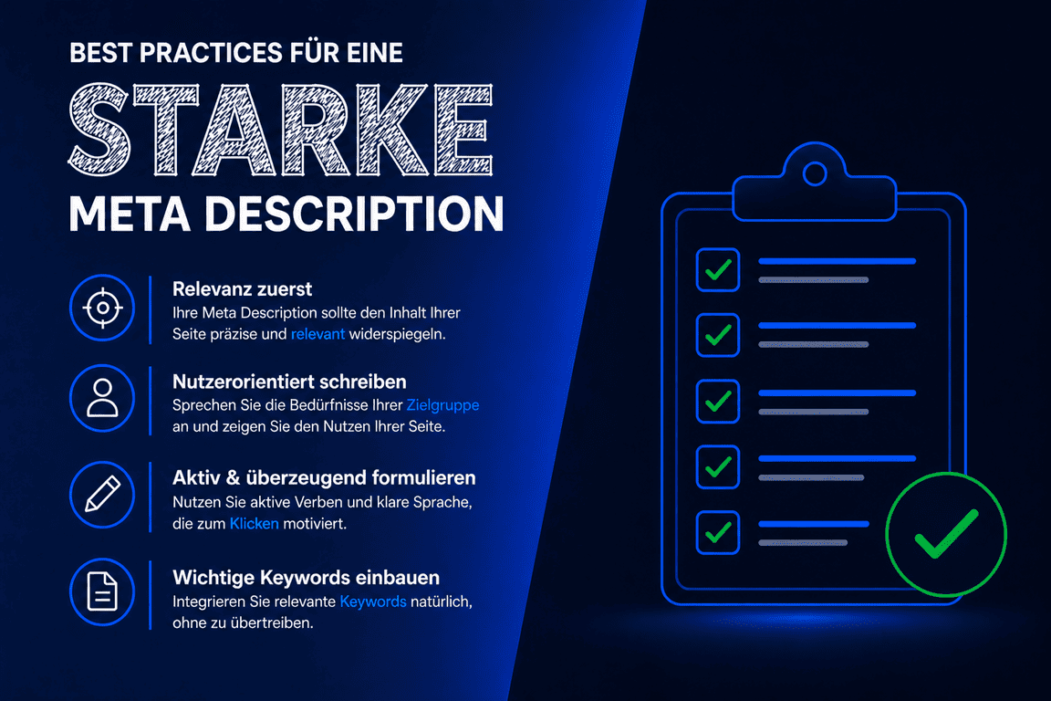Infografik: 4 Best Practices für eine starke Meta Description – Relevanz, Nutzerorientierung, aktive Sprache und Keywords.
