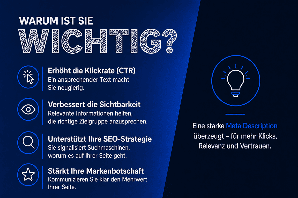 Infografik: 4 Gründe für eine gute Meta Description – CTR erhöhen, Sichtbarkeit verbessern, SEO-Strategie unterstützen, Markenbotschaft stärken.