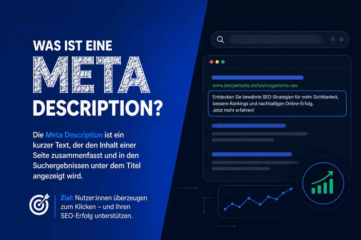 Infografik: Meta Description – kurzer Text in Suchergebnissen unter dem Seitentitel, Ziel: Nutzer zum Klicken überzeugen.