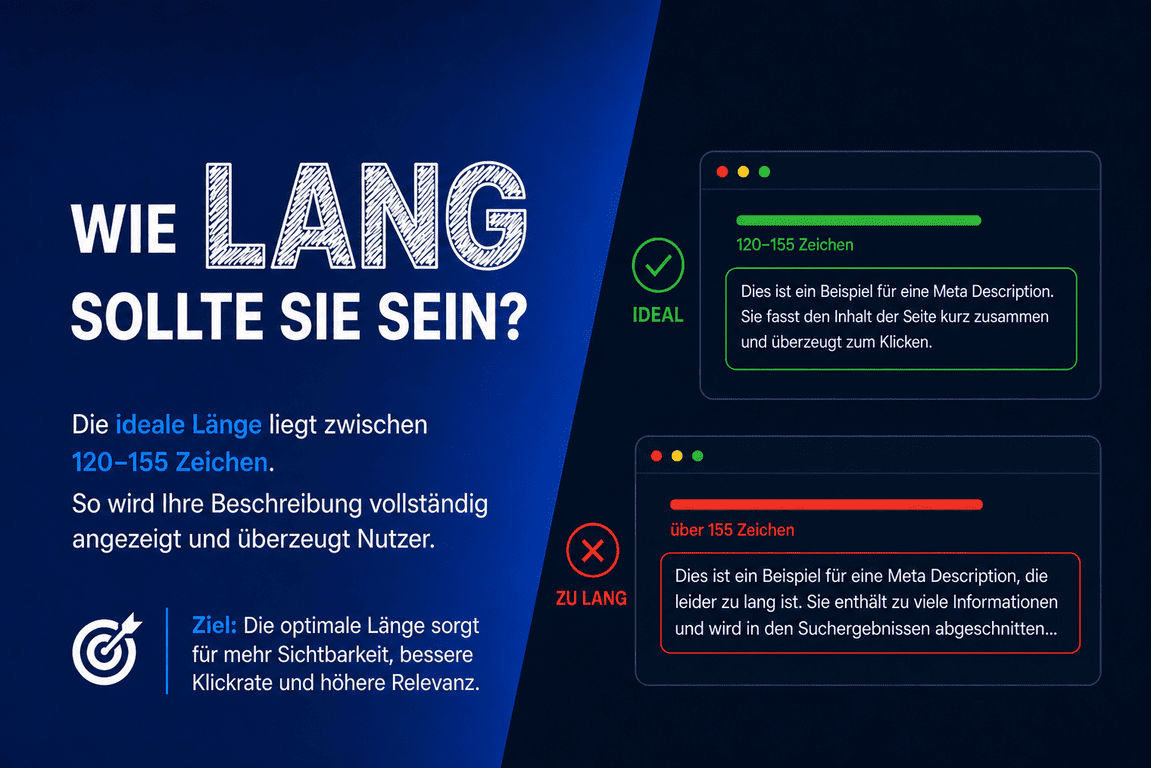 Infografik zur optimalen Länge der Meta Description: 120–155 Zeichen ideal (grün markiert), längere Texte werden gekürzt (rot markiert).