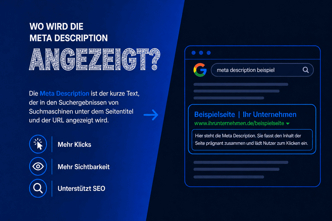 Infografik zeigt, wo die Meta Description erscheint: unter Titel und URL im Google-Suchergebnis, mit Beispiel und Vorteilen für Klicks und SEO.