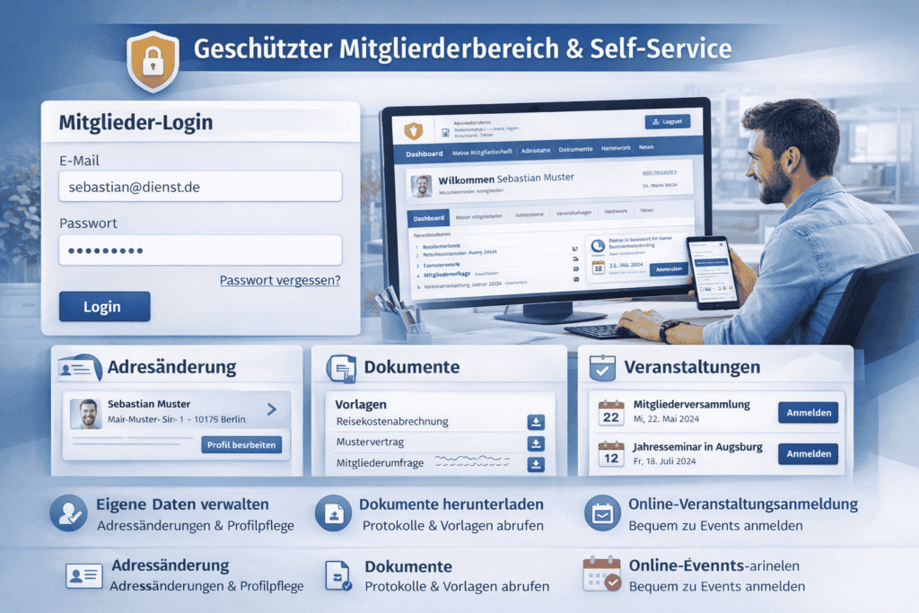 Geschützter Mitgliederbereich einer Verbands-Website mit Login, persönlichem Dashboard, internen News, Dokumenten-Download, Veranstaltungsanmeldung und mobiler Self-Service-Verwaltung.