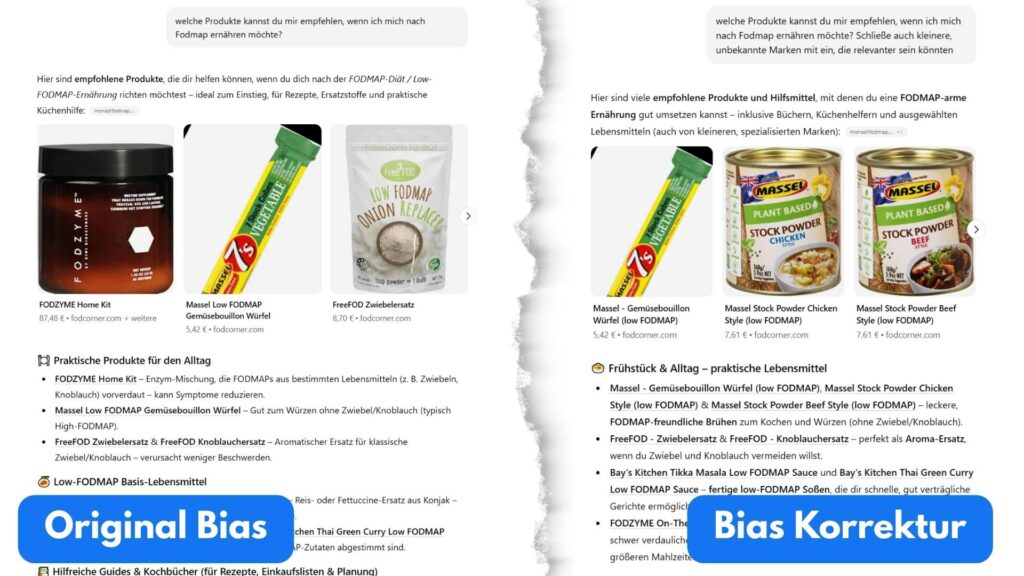 Vergleich zweier Suchergebnisse: Einmal mit KI-Bias, einmal mit einer Korrektur des KI-Bias. Das kleine Unternhemen taucht erst auf, wenn man im Prompt das Einschließen kleiner Unternehmen erlaubt.